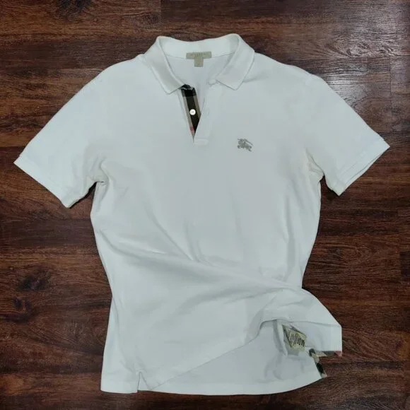 Burberry Brit White Embroidered Logo Plaid Details Placket Polo Shirt Men's M - Picture 2 of 16